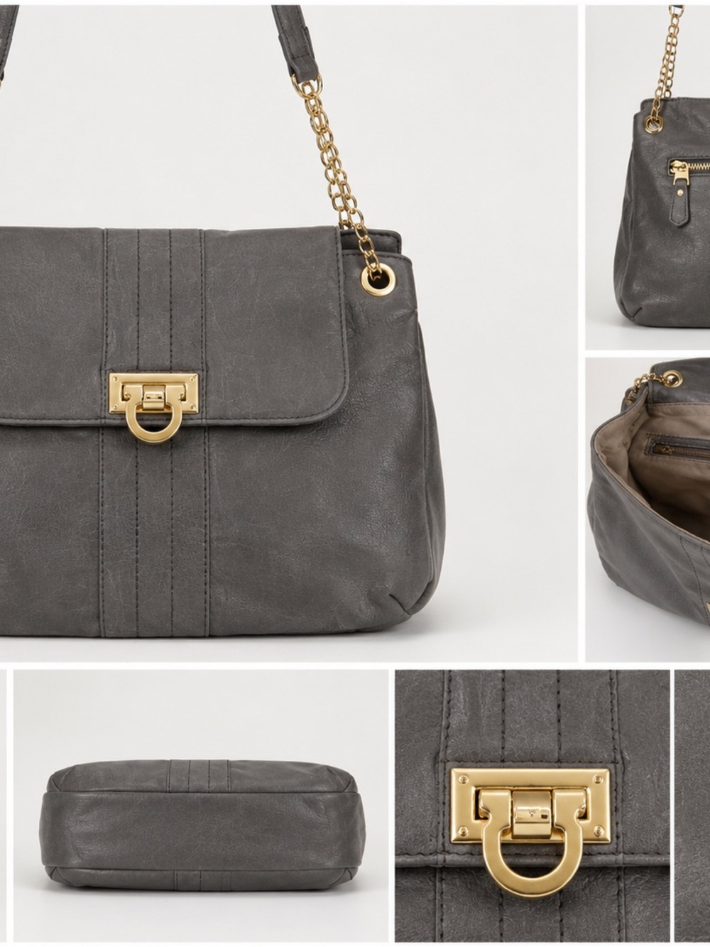 Gray Chain-Handle Shoulder Bag with Gold Hardware